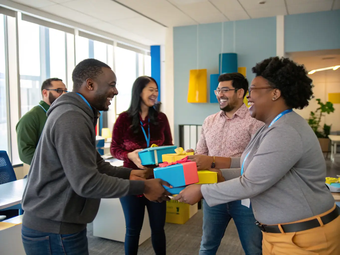 A group of employees receiving Averelite gift boxes during a company event, showcasing appreciation and boosting morale.