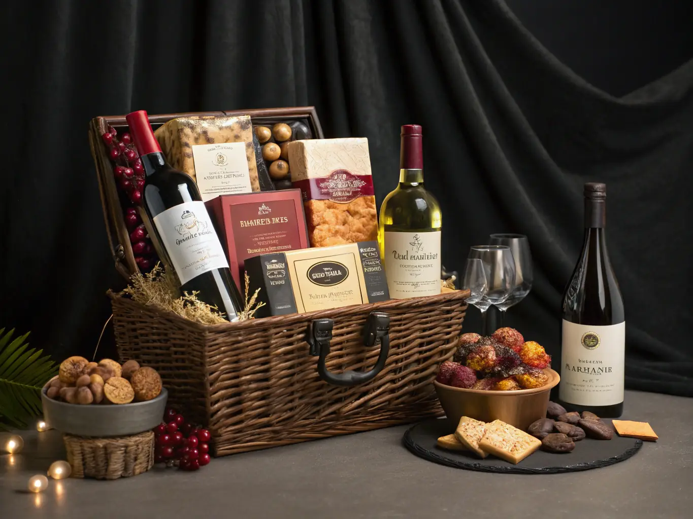 A sophisticated arrangement of gourmet food items and premium beverages in a stylish Averelite gift basket, perfect for corporate gifting.