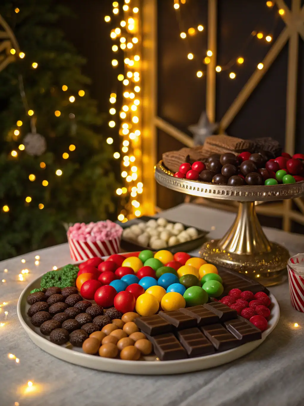 A festive holiday gift basket filled with seasonal treats, decorations, and a cozy blanket, set against a backdrop of twinkling lights.