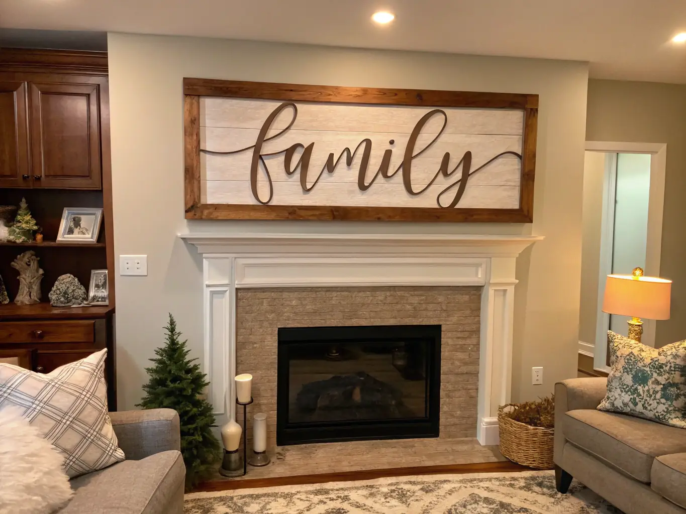 A visually appealing image of a personalized family name sign made of wood, displayed in a cozy home setting, emphasizing the warmth and personal touch it adds to the decor.