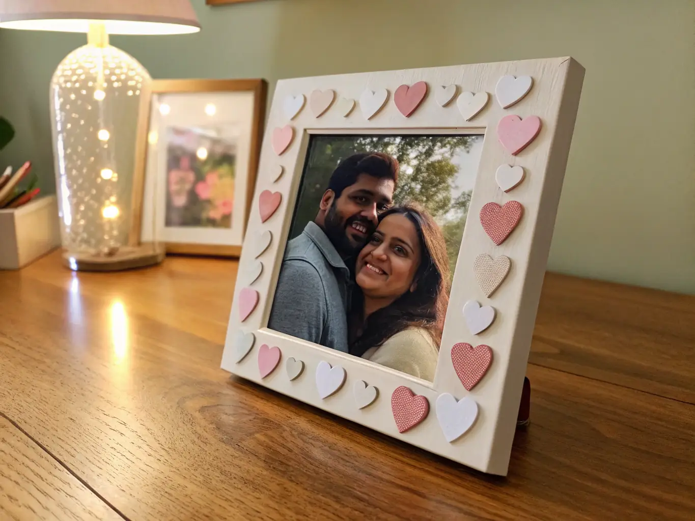 A personalized engraved photo frame with a heartfelt message, surrounded by other customized gift items.