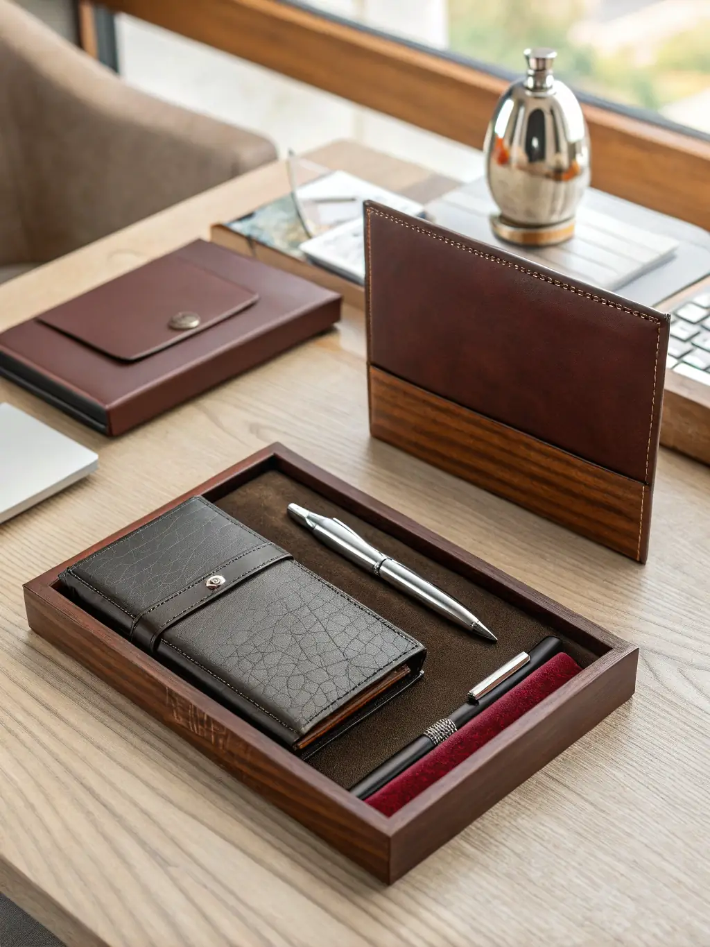 A sleek display of corporate gift items such as branded pens, notebooks, and executive accessories.