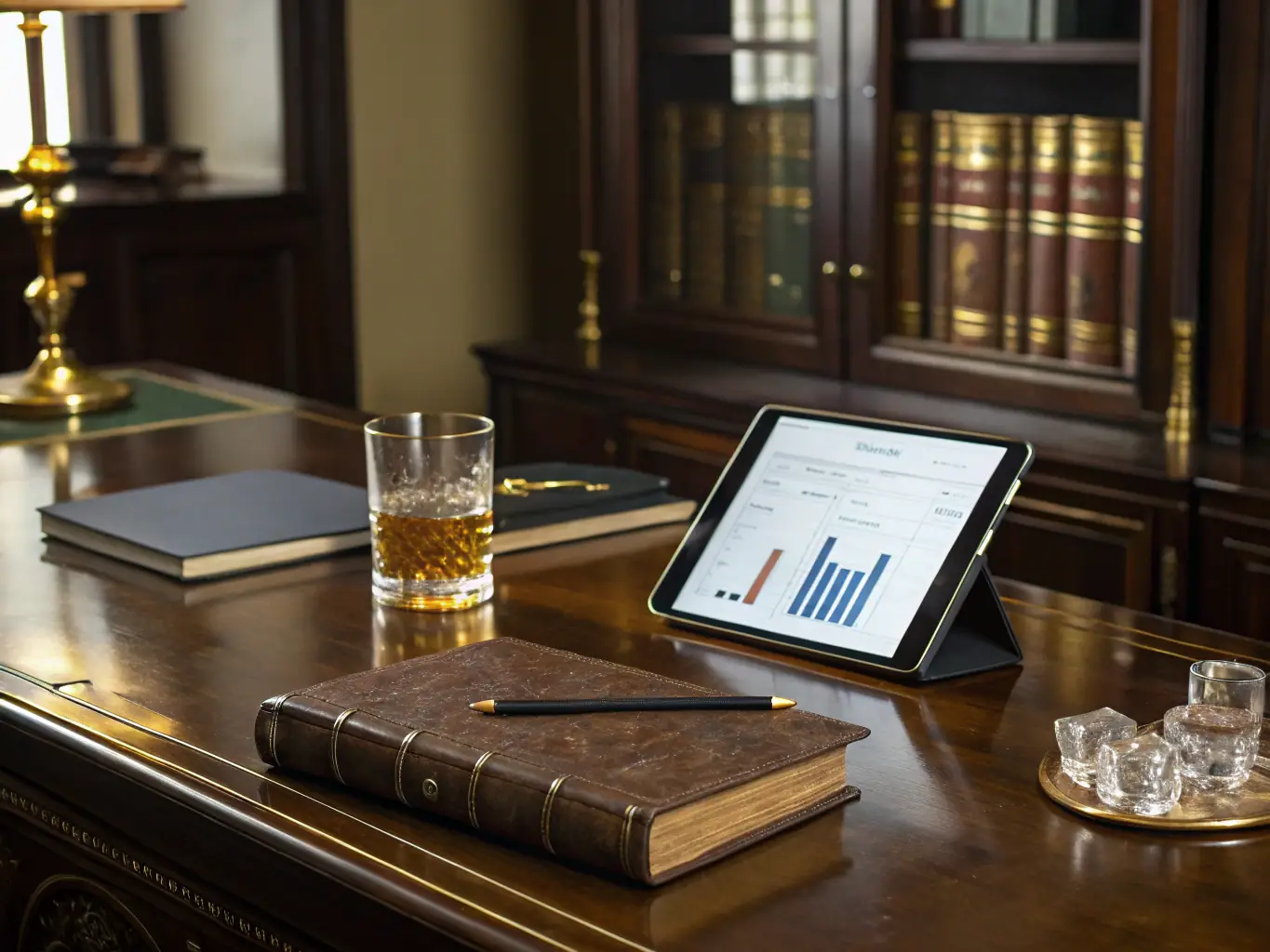 A sleek display of corporate gift items such as branded pens, notebooks, and executive accessories.