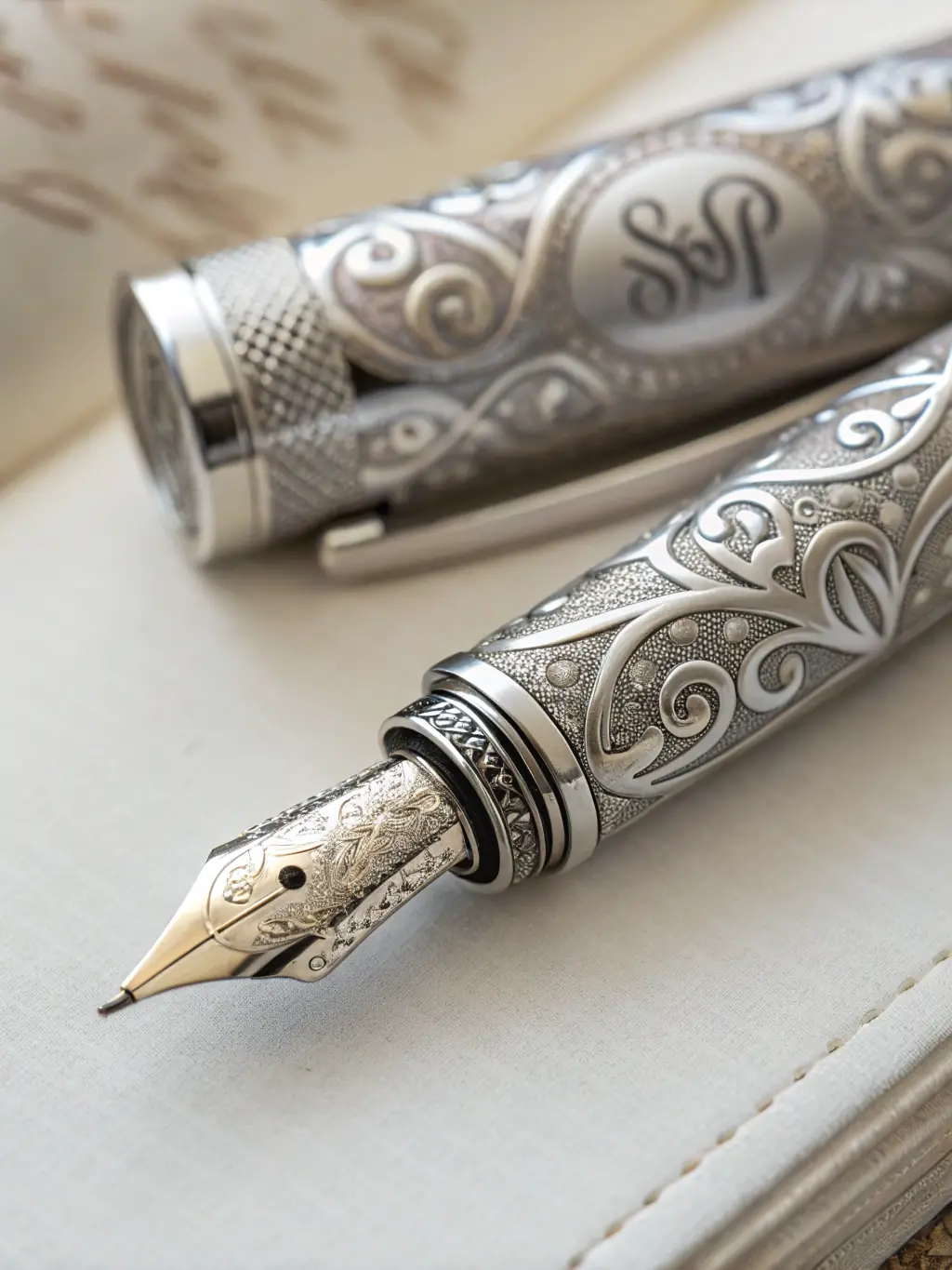 A high-quality photograph of a sophisticated pen set with a company logo engraved on the pen and case, placed on a dark wooden desk with a blurred office background, representing corporate gifts.