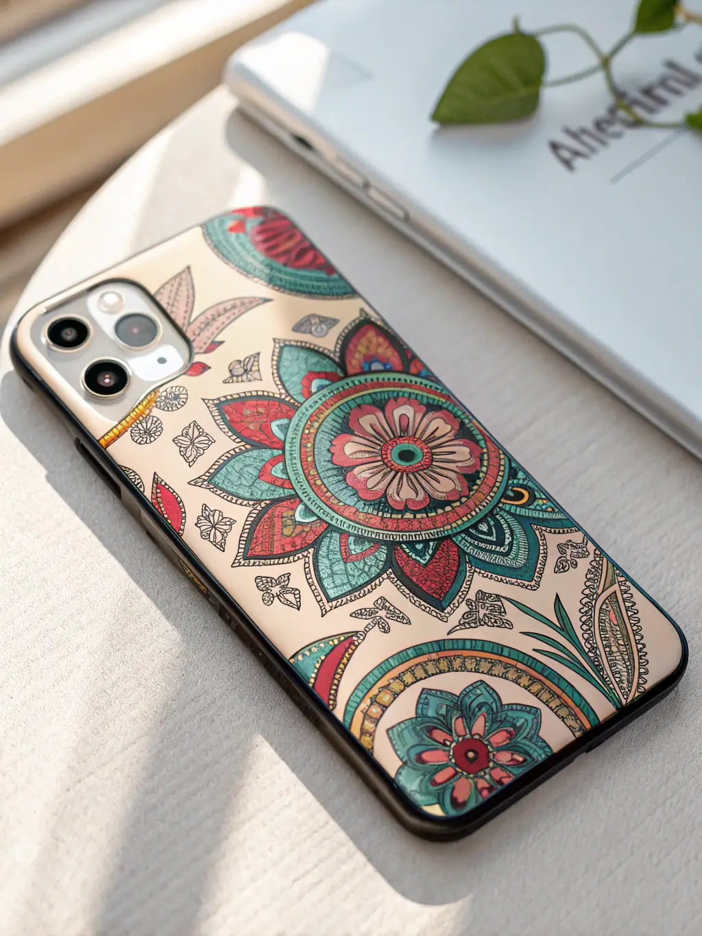 A close-up shot of a custom-designed phone case featuring a unique pattern or personalized text, showcasing its high-quality print and durability.
