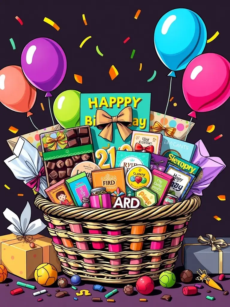 A vibrant arrangement of birthday-themed gifts, including balloons, a cake, and wrapped presents, set against a colorful background, representing gifts by occasion.