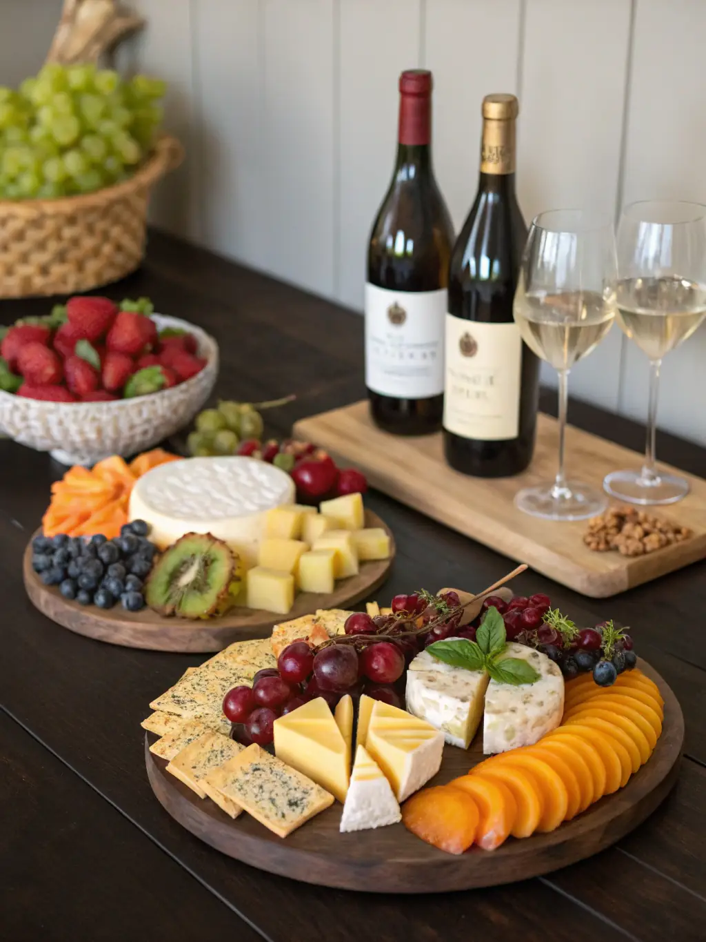 A beautifully arranged photo of a gift basket filled with gourmet snacks, artisanal cheeses, and a bottle of fine wine.