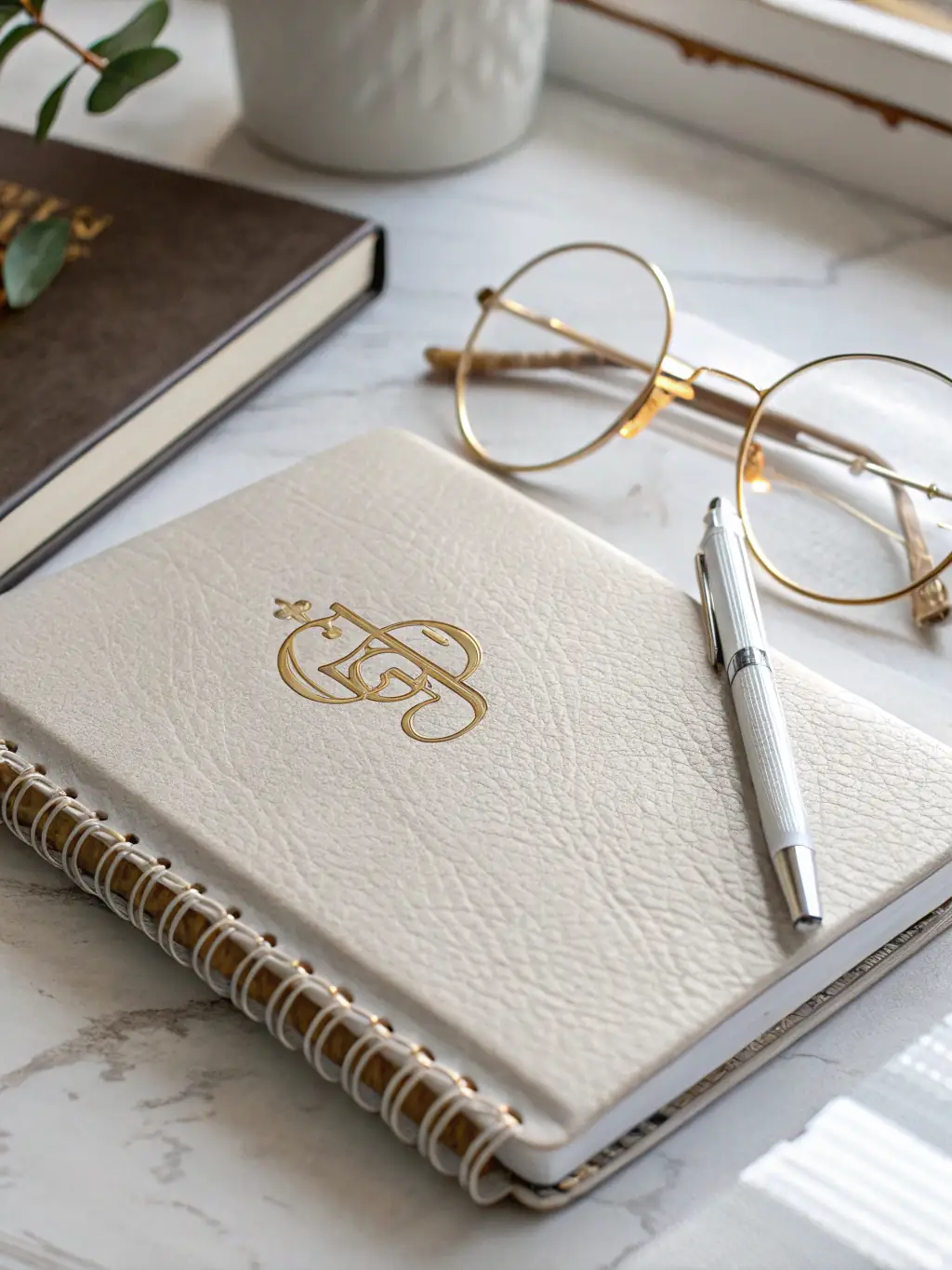 A high-quality photo of a personalized leather journal with a company logo embossed on the cover, placed on a desk with a pen and notebook.